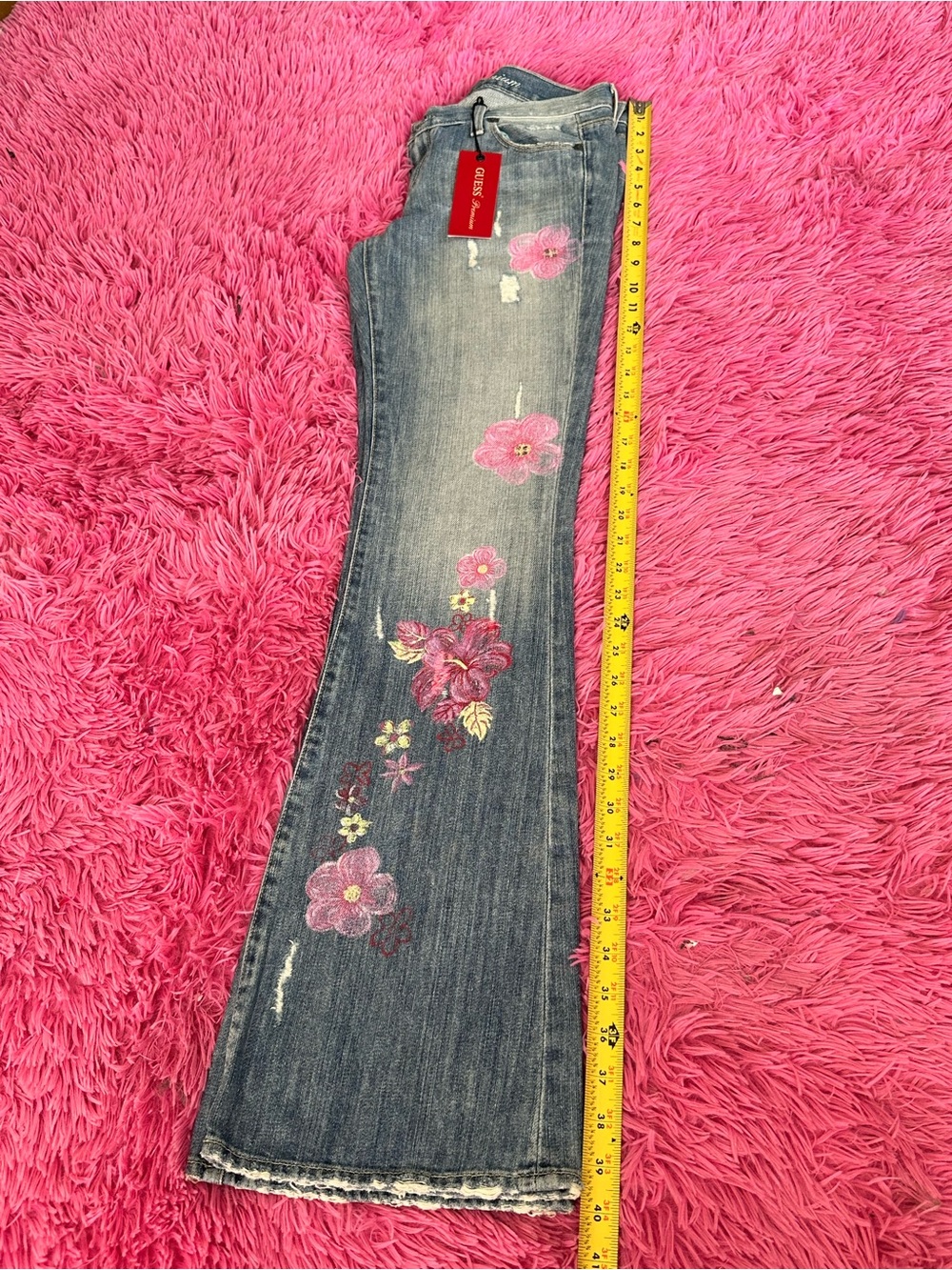 Guess Blue Denim Flare Jeans with Pink Floral Embroidery - Picture 3 of 15